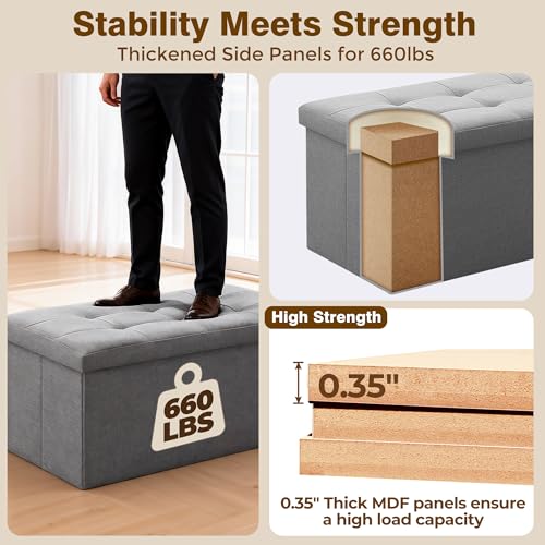 Camabel 30 Inches Folding Storage Ottoman Bench, Ottoman Foot Rest, End of Bed Bench, Storage Chest, Load 660 lb, for Living Room, Bedroom, Entryway Grey - color: Grey