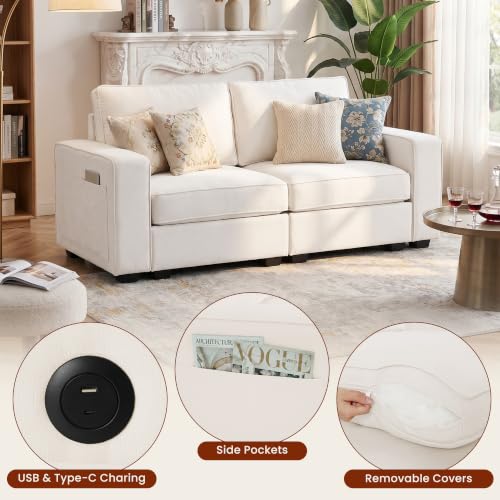 66" Small Sectional Couches with Storage for Living Room, Modular Loveseat Sofa with Removable Chenille Cover & USB Charging, Comfy Living Room Couch, Beige - color: Beige