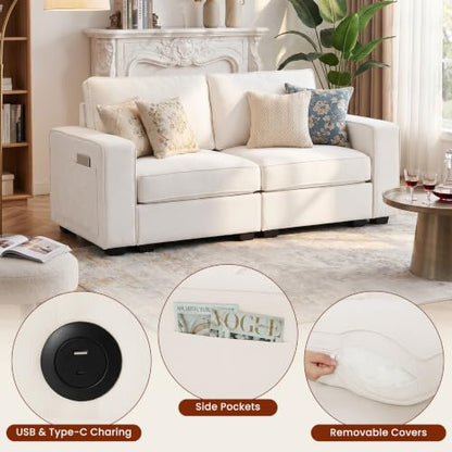 66" Small Sectional Couches with Storage for Living Room, Modular Loveseat Sofa with Removable Chenille Cover & USB Charging, Comfy Living Room Couch, Beige - color: Beige