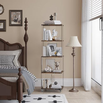 Acrylic Display Shelf with Wheel,4 Tier Bookshelf Storage Rack,Wood Shelves | Clear Acrylic Panels And Wood Shelves Create An Elegant Display Space For Books, Collectibles, Plants And Home Decor. - size: 4-Tier
