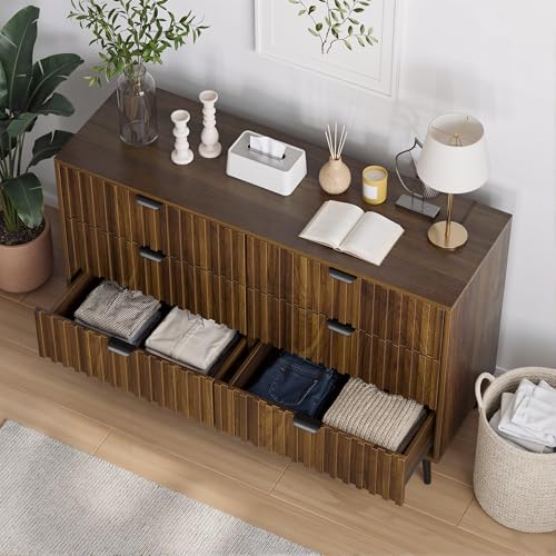 Smart FENDEE Fluted 6 Drawers Dressers, 47.24" W Chest of Drawers, Mid- Century Modern Wooden Dresser TV Stand Drawer Storage Organizer for Bedroom, Living Room, Hallway, Entryway, Walnut