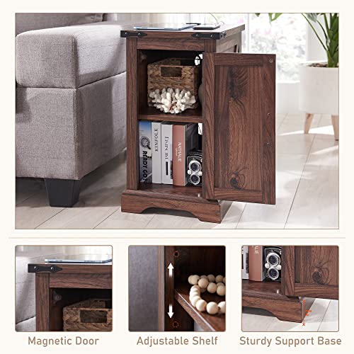Farmhouse 17" Nightstand with Charging Station, Black | Rectangular/ Rustic End Table with Barn Door /Adjustable Shelf/ Wood Sofa Side Table/ for Living Room, Bedroom - color: Brown Color