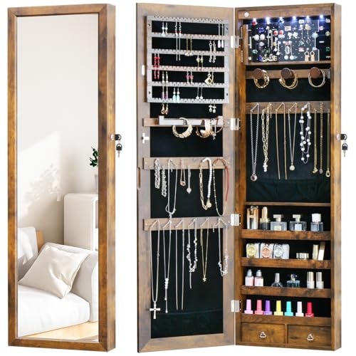Jewelry LED Cabinet with Mirror 47.3"Mirror Jewelry Armoire over the Door | Door Hanging/Wall Mounted Mirror with Storage And Drawers Rustic Brown - color: Rustic Brown, size: 47.3*14.6 LED Mirror
