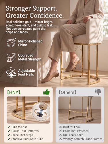 HNY Modern Counter Height Linen Cream Fabric Upholstered Counter Stool Set of 2, 24 Inch Kitchen Island Stool with Gold Metal Frame - color: 24inch Cream,gold Base