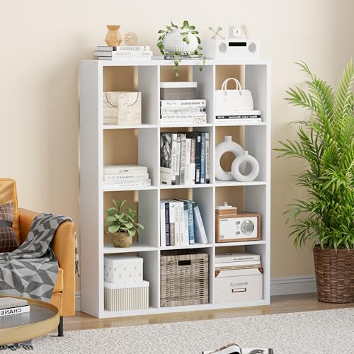 VDNEND Cube Storage Organizer Bookcase, Decorative 11 inch Open Back Cubical Shelf with Thickened Border, Display Bookshelf for Living Room, Home Office, Sturdy Room (White, 12 Cube) - color: White, size: 12 Cube,Standard