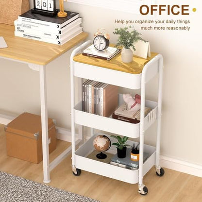 3 Tier Metal Utility Cart, Rolling Storage Cart with Wooden Tabletop, Metal Organizer Cart with Lockable Wheels for Office, Bedroom, Kitchen and Living Room (White) - color: White