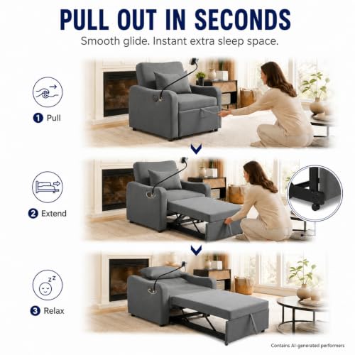 Majnesvon Convertible Chair Bed 3 in 1, Sofa Bed Chair (Dark Gray) | with Adjustable Backrest & Charging Station, Small Space One Person Couch for Apartment, Office, Living Room, Bedroom - color: Dark Gray
