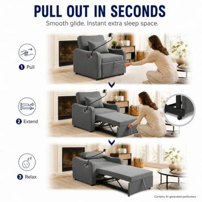 Majnesvon Convertible Chair Bed 3 in 1, Sofa Bed Chair (Dark Gray) | with Adjustable Backrest & Charging Station, Small Space One Person Couch for Apartment, Office, Living Room, Bedroom - color: Dark Gray