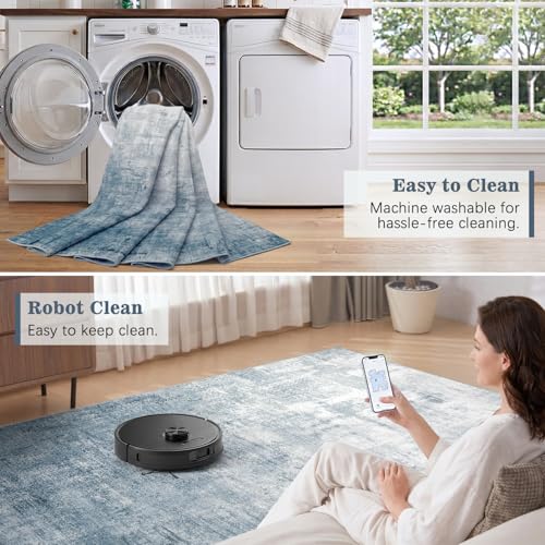 DCX Washable Abstract Area Rug 5x7, Non Slip Low Pile Rug, Blue | Easy to clean, non-shedding, soft, kid & pet friendly, with a non-slip rubber backing for living rooms, bedrooms, and offices - color: Blue, size: 5' x 7' (Rectangular)
