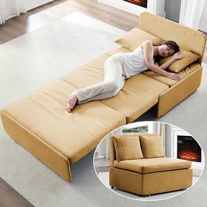 BALUS 43" W Twin Size Sleeper Couch Bed Pull Out Sofa with Pullout Beds, 2 in 1 Convertible Linen Single Sleepers Sofas Chair with Foldable Mattress and Pillows for Small Space Apartment, Yellow - color: Yellow, size: Twin