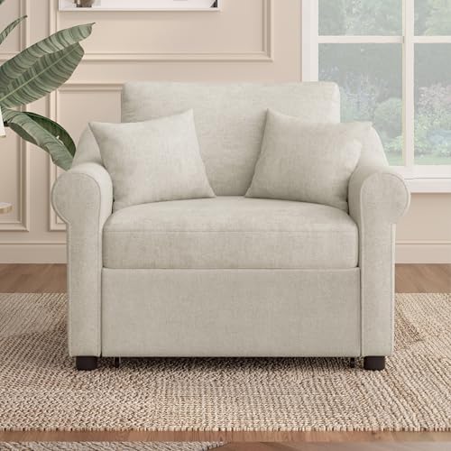 JIVOIT Convertible Sleeper Chair with Adjustable Backrest, 3-in-1 Sleeper Chair with Metal Frame, 3 in 1 Lounger Chair Turns Into Bed, Chenille Fabric Single Bed for Living Room (Beige,315) - color: Beige,315