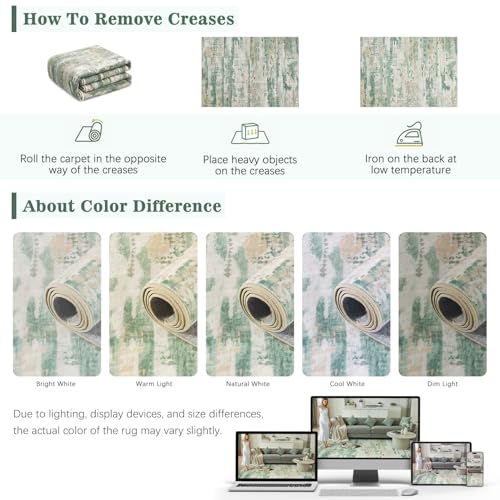 DCX Washable Abstract Area Rug 2x8, Non Slip Low Pile Rug, Sage Green | Easy to clean, non-shedding, soft, kid & pet friendly, with a non-slip rubber backing for living rooms, bedrooms, and offices - color: Green & White, size: 2' x 8'