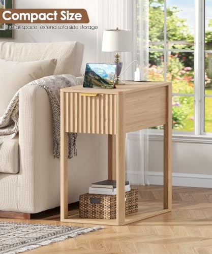 Akxomel Narrow Nightstand with Charging Station Fluted Table Walnut | Wooden Slim Bedside Table, Mid-Century Modern Night Stand with Drawer and Open Shelf, Small Side End Table, for Bedroom - color: Natural Oak, size: 21.7"D x 11"W x 23.6"H