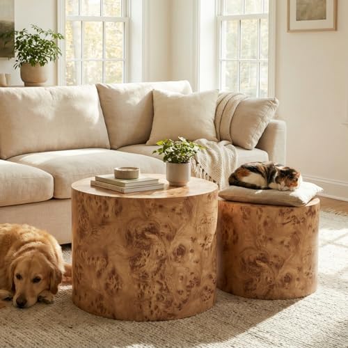 Ya-Home Round Coffee Tables Side Table Set of 2, Wood Nesting End Table for Living Room Balcony Office, Natural Burl Color, No Assembling - color: Natural Burl Color