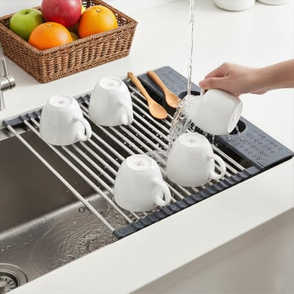 Roll Up Dish Drying Rack Over Sink, 17.5" x 15.2" Foldable SUS304 Stainless Steel Kitchen Dish Drainer, Heat-Resistant Multipurpose Rolling Sink Rack Organizer,Grey - size: Grey（17.5" X 15.2"）