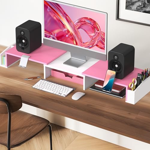 Simple Houseware Desk Dual Monitor Stand Riser with Drawer, Pink | Customizable Organizer Tray, Built-In Phone & Tablet Slot and Side Storage - color: Pink