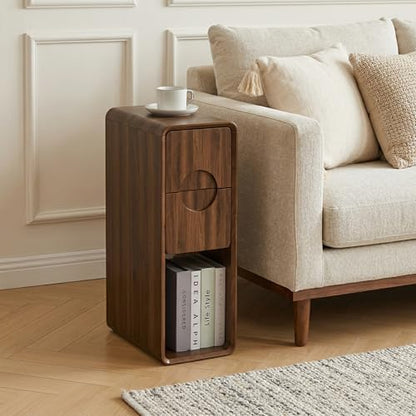 Narrow Walnut Nightstand Set of 2, Small Bedside Table with Circular Drawer, Mid Century Modern Night Stand, Slim Side End Table, Bedroom, Living Room, Wood, Skinny