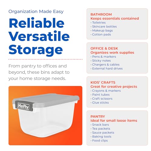 Hefty 6.5 Qt Flat-Lid Storage Bin with Lid, Stackable Plastic Storage Container, Organizer for Home, Office & Classroom, 8 Pack, Gray - size: 6.5 QT - 8 Pack