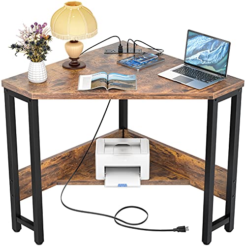 Corner Small Desk with Outlets Corner Table for Small Space Industrial Computer Desk with USB Ports Triangle Desk with Storage for Home Office, Workstation, Living Room, Bedroom, Rustic - color: Rustic Brown