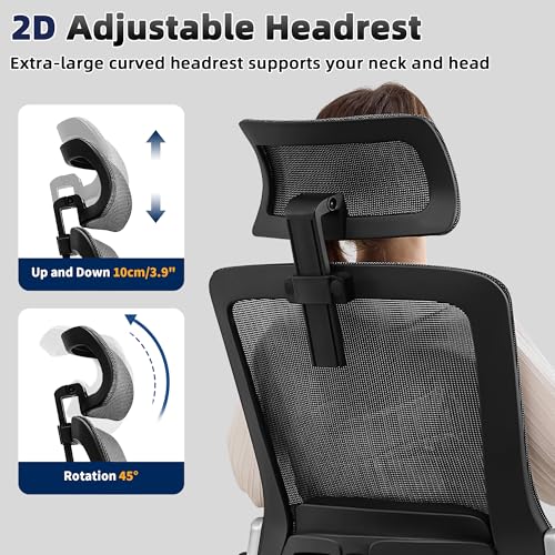 Fizzin Office Chair Mesh Desk Chair with 3D Armrests Computer Chair | Ergonomic Office Chair with Adjustable Lumbar Support and Headrest 125° Tilt and Wide Mesh Cushion High Back Home Desk Chair - color: Black-gray