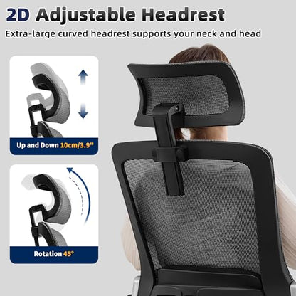 Fizzin Office Chair Mesh Desk Chair with 3D Armrests Computer Chair | Ergonomic Office Chair with Adjustable Lumbar Support and Headrest 125° Tilt and Wide Mesh Cushion High Back Home Desk Chair - color: Black-gray