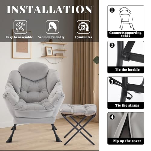 Lazy Chair with Ottoman, Comfy Reading Chair, Grey | Cushioned Seat with Foldable Ottoman and Side Pocket, Lounge Chair for Bedroom, Living Room, Dorm and Small Spaces - color: Grey