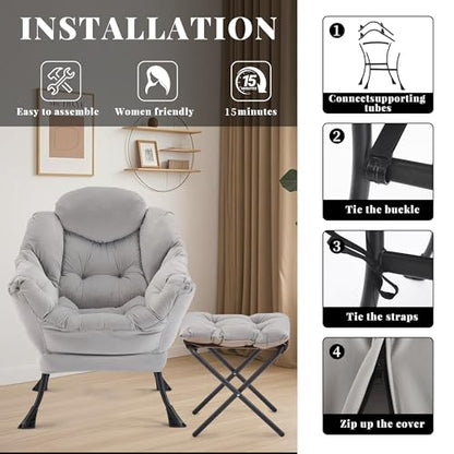 Lazy Chair with Ottoman, Comfy Reading Chair, Grey | Cushioned Seat with Foldable Ottoman and Side Pocket, Lounge Chair for Bedroom, Living Room, Dorm and Small Spaces - color: Grey
