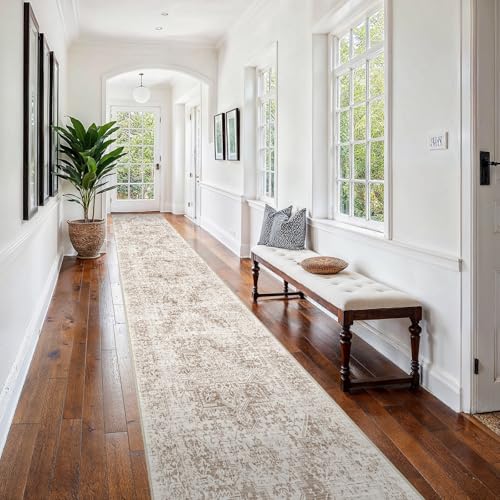 2'6"x16 Washable Long Runner Rug: Vintage Non Slip Hallway Rug IvoryBeige | Low Pile Rubber Backing Easy Clean Stain Resistant Design for Kitchen Entryway Living Room Laundry Room and Home Decor - color: Ivory/Beige, size: 2'6" x 16' (Runner)