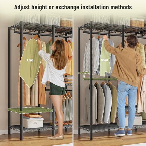 Raybee Heavy Duty Clothes Rack, 1150lbs Capacity, Adjustable | 76" W Freestanding, Steel Structure, 4 Rods & 6 Shelves, Tool-Free Assembly, Sturdy for Closet, Bedroom, Black - color: Black, style: Heavy Duty Clothes Rack