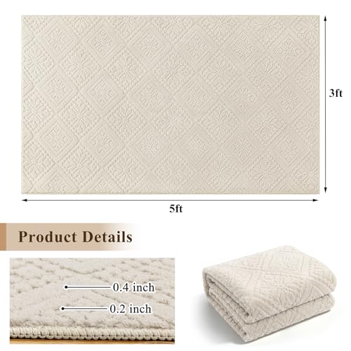 U'Artlines 3x5 Beige Washable Area Rug for Living Room | Soft Fluffy, High Low Textured Carpet, Modern Neutral, Geometric, Non Slip Rugs for Bedroom, Dining Room, Kids Room - size: 3 x 5ft