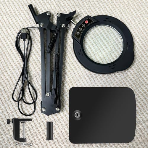 15X Magnifying Glass Desk Lamp, LED Desk Lamp with Base and Clamp, 5 Color Mode, 10 Stepless Dimmable, 84 Leds, 4.2" Diameter Real Glass Lens Magnifying Glass Lamp for Reading Close Work Repair Sewing
