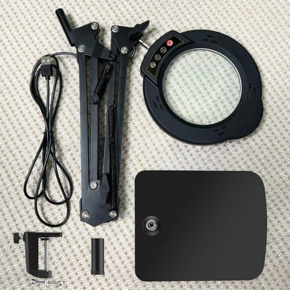 15X Magnifying Glass Desk Lamp, LED Desk Lamp with Base and Clamp, 5 Color Mode, 10 Stepless Dimmable, 84 Leds, 4.2" Diameter Real Glass Lens Magnifying Glass Lamp for Reading Close Work Repair Sewing
