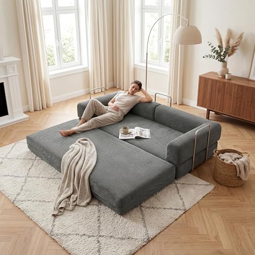 79" Boneless Couch,4-in-1 Futon Sofa Bed Modular Loveseat Sleeper Folding Compressed Couch with Pillows,No Assembly Required Convertible Sofa Bed for Living Room Bedroom Guest Room,Grey - color: Grey, size: 79” Sofa
