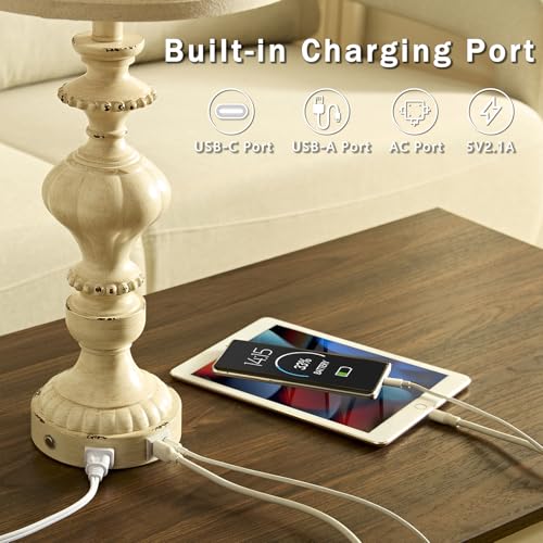 SAIWEYA 27.5" Farmhouse Table Lamps Set of 2, 3 Way Dimmable Touch Lamps | Touch Control, Dimmable, USB C+A Ports & AC Outlet, Bulbs Included, Bedside Nightstand Lamp for Living Room, Bedroom - color: Beige