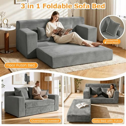 Winzon Boneless Loveseat, 3 in 1 Convertible Sofa Bed Sleeper Sofa Floor Futon Bed with 4 Pillows, 55" Grey Boneless Couch for Living Room, Guest Room, Small Space, No Assembly Required, Corduroy