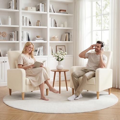 COLAMY Mid-Century Modern Accent Chair, Fabric Upholstered Living Room Chair with Back Pillow & Solid Wood Legs, Comfy Armchair for Living Room, Bedroom, Single Sofa, Beige - color: Beige, size: Set of 1