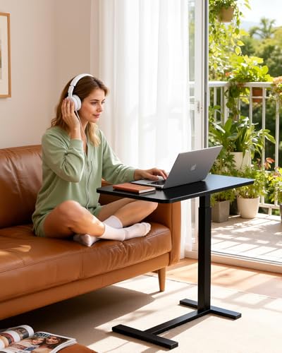 Overbed Bedside Table with Hidden Casters, Adjustable Pneumatic Mobile Laptop Computer Standing Desk, Rolling Laptop Table, Movable Overbed Table Hospital Home Use, Black - color: Black, style: Non-Tiltable