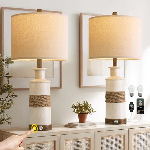 BOBOMOMO 24.5" Farmhouse Boho Table Lamps Set of 2, Hand-Woven Rattan Bedside Lamps with 3-Way Dimmable Touch Control & USB A+C Ports, Nightstand Lamp for Bedroom, Living Room, Corner (Bulbs Included) - color: BOHO
