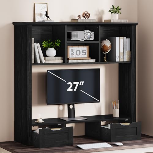 Desk Shelf with Computer Monitor Stand, 37.4''W Desktop Bookshelf | Display Rack, Desktop Organizer Storage Rack with Cubbies & Drawers, 5-Tier Hutch for Home, Office, Dorm, Vanity, Black - color: Black, size: 37.4" with Monitor Stand