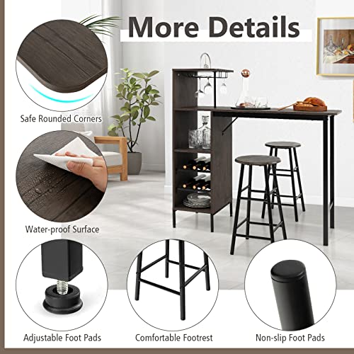 GOFLAME Bar Table Set for 2, Counter Height Dining Table Set with Shelves, Cup Holder & Wine Rack, Breakfast Table & Stools Set, 3-Piece Pub Table Set for Kitchen, Dining Room, Brown - color: Brown