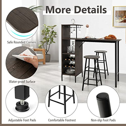 GOFLAME Bar Table Set for 2, Counter Height Dining Table Set with Shelves, Cup Holder & Wine Rack, Breakfast Table & Stools Set, 3-Piece Pub Table Set for Kitchen, Dining Room, Brown - color: Brown