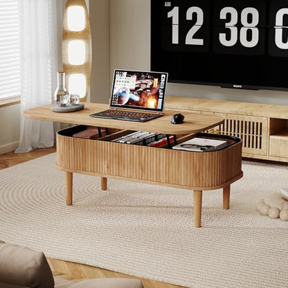 Fluted Lift Top Coffee Table with Hidden Storage, Oval Coffee Table with Lifting Top, Mid Century Modern Design for Living Room, Office & Small Spaces, Natural - color: Natural