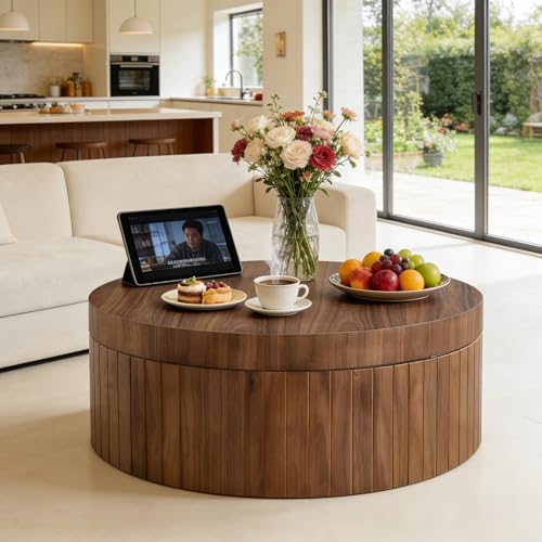 31.5” Modern Round Coffee Table, Circular Wood Center Table with Storage, MDF Accent Dinning Table for Living Room, Apartment,Office,Courtyard, No Assembly.(Walnut) - color: Walnut-e