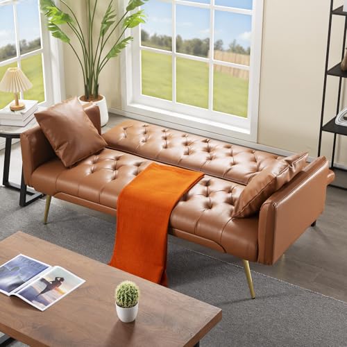Anwick 72''Modern Velvet Sofa Bed Futon,Convertible Folding Sleeper Couches with 3 Adjustable Backrests,Tufted Recliner Loveseat with Golden Chrome Legs for Living Room Apartment Office (Brown) - color: Brown