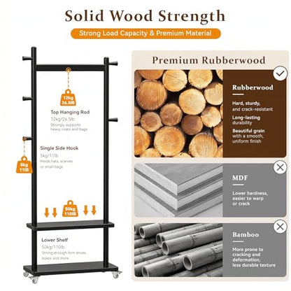 Coat Rack Freestanding Solid Wood Clothes Rack with Wheels | Space Saving, Stable 5 Hooks 2 Shelves Coat Tree, Silent 360 Degree Wheels, Heavy Duty 150 lb Capacity for Entryway Bedroom - color: Black, size: L: 23.6" x W: 11.8" x H: 70.9" (With Wheels)