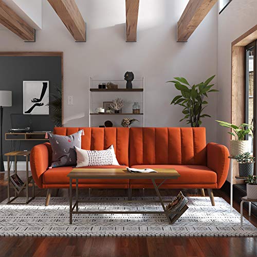 Novogratz Brittany 82 Inch Futon Sofa Bed in Linen, Upholstered Couch Sleeper with Tufted Back, Mid-Century Modern Design, Persimmon - color: Persimmon Linen