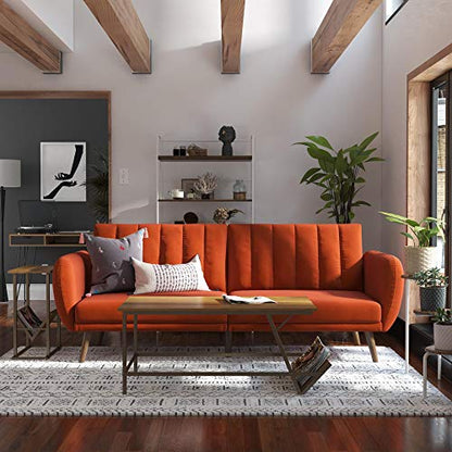 Novogratz Brittany 82 Inch Futon Sofa Bed in Linen, Upholstered Couch Sleeper with Tufted Back, Mid-Century Modern Design, Persimmon - color: Persimmon Linen