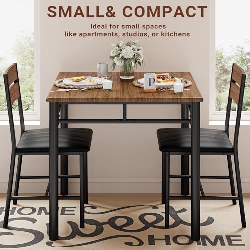 IRONCK Dining Table Set for 2, Walnut | Small Kitchen Table with Upholstered Chairs, Compact Dining Set for Small Spaces, Kitchen & Dining Room - color: Walnut