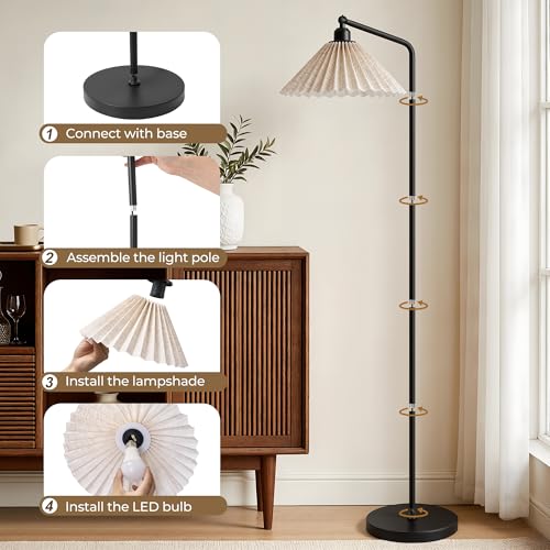 Floor Lamps for Living Room & Bedroom, 63" Modern Tall Standing Lamp, 3CCT | Rustic Pole Lamps for Home Office, Classroom, Bedside, Pleated Lampshade, Foot Switch, Easy Assembly (Bulb Included) - color: Black