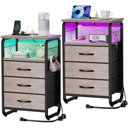 runjuly End Tables Set of 2 with Charging Station, LED Light, Hooks, Greige | 3 Large Fabric Drawers, USB C Ports & Power Outlets, Metal Night Stand Pair, Storage Nightstand for Living Room / Bedroom - color: Greige, style: Larger+Taller Set of 2